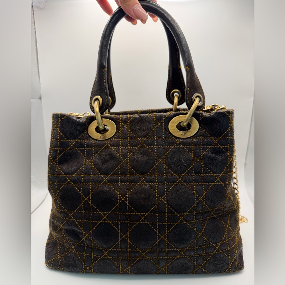 Rare Lady Dior Small Tote Bag in Constract Stitch Cannage Brown Leather - Picture 7 of 15